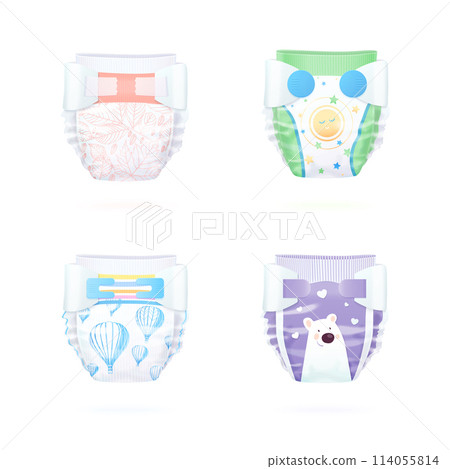 Realistic nappy. Toddler diapers color design mockup, baby diaper absorbent cotton for child incontinence, cute pampers underwear newborn hygiene panties, exact vector illustration 114055814