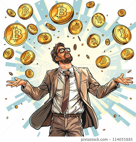 Vector illustration of a man in a business suit with a golden bitcoin. 114055885