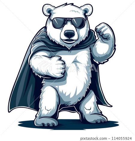 A polar bear is wearing sunglasses and a cape 114055924