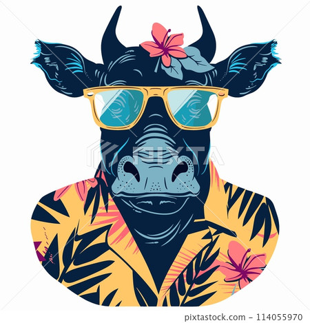 Vector illustration of a cow wearing sunglasses and a shirt with tropical leaves. 114055970