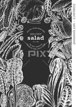 Green Vegetable Design Template. Vector Hand Drawn Healthy Leaf Salad Banner. Vintage Style Menu IllustrationOn Chalk Board. 114056032