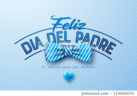 Happy Father's Day Greeting Card Design with Striped Bow Tie and Heart on Light Blue Background. Feliz Dia del Padre Spanish Language Vector Illustration for Loved and Best Dad. Template for Banner 114056078