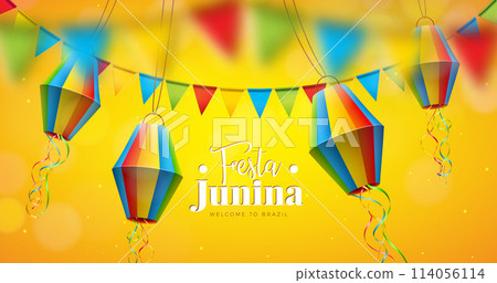 Festa Junina Illustration with Party Flags and Paper Lantern on Yellow Background. Vector Brazil June Traditional Holiday Festival Design for Celebration Banner, Greeting Card, Invitation or Poster 114056114