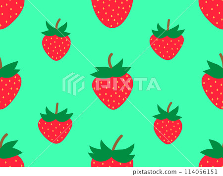 Seamless pattern with red strawberry on green background. Drawing of strawberries in a minimalist style. Strawberry design for wallpaper, wrapping paper and promotional items. Vector illustration 114056151