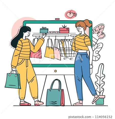 Two women shopping in a store, one of them holding a shopping bag 114056152