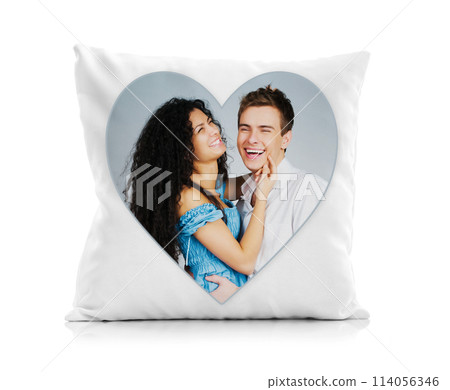 Pillow Isolated On White Background Features Printed Image Of Loving Couple 114056346