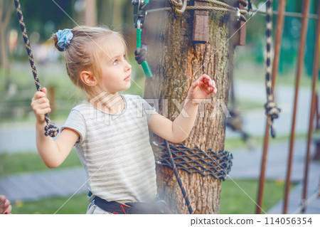 Cute girl enjoying activity in a climbing adventure park. Girl goes on hinged trail. 114056354
