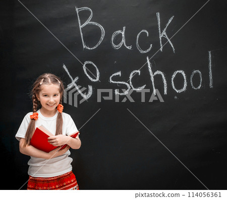 cute little girl with a red book and back to school on the blackboard 114056361
