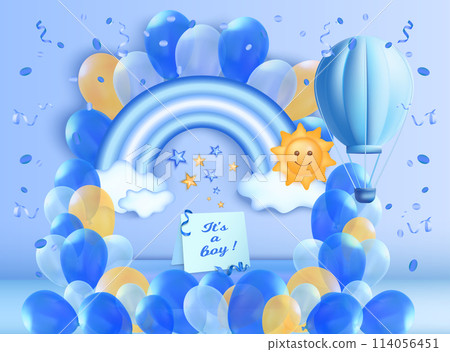 Realistic baby shower composition background with rainbow and balloons for a boy 114056451