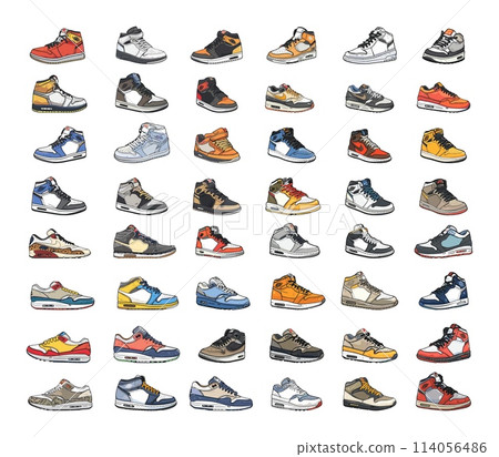 Sneakers cartoon vector set. Jordans air max basketball running high lacing fashionable modern trendy urban stylish shoes, illustrations isolated on white background 114056486