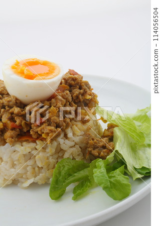 Minced meat curry with soft-boiled egg on top, vertical, close-up Minced meat curry with soft-boiled egg on top, vertical, close-up 114056504