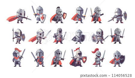Noble Knight cartoon vector set. Medieval warrior steel armor sword shield helmet red cape mercenary prince royal military character, illustrations isolated on white background Noble Knight cartoon vector set. Medieval warrior steel armor sword shield helmet red cape mercenary prince royal military character, illustrations isolated on white background 114056528