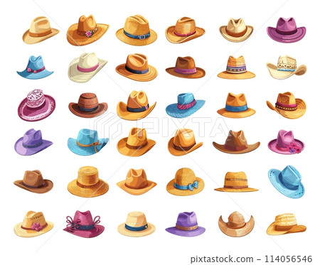 Hats cartoon vector set. Men woman panama derby straw cowboy beach modern vintage clothes accessories illustrations isolated on white background 114056546