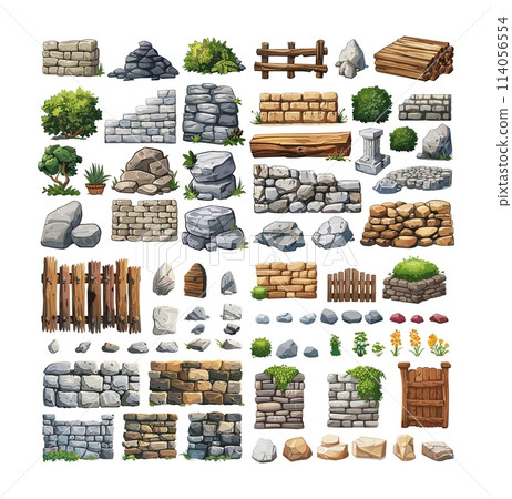 Garden materials cartoon vector set. Stone masonry hedge bushes fence wooden gates marble pedestal plants tiles trees decorative elements isolated on white background 114056554