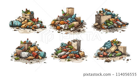 Garbage pile cartoon vector set. Food industrial plastic waste decay dirt mud junk trash heap illustrations isolated on white background 114056555