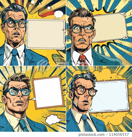 Frightened business man pop art vector posters. Chief empty speech text banner pay attention jacket suit glasses tie accessories boss character, retro splendid concepts 114056557