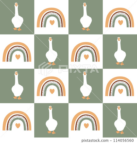 Seamless pattern with cartoon geese and rainbows on checkerboard background. Colorful nursery design for fabric, print, wallpapers. Vector illustration Seamless pattern with cartoon geese and rainbows on checkerboard background. Colorful nursery design for fabric, print, wallpapers. Vector illustration 114056560