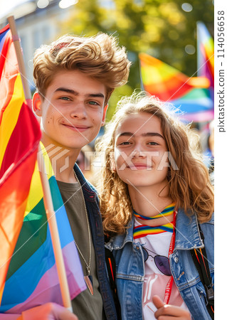 A young man and woman are holding rainbow flags and smiling for the camera 114056658