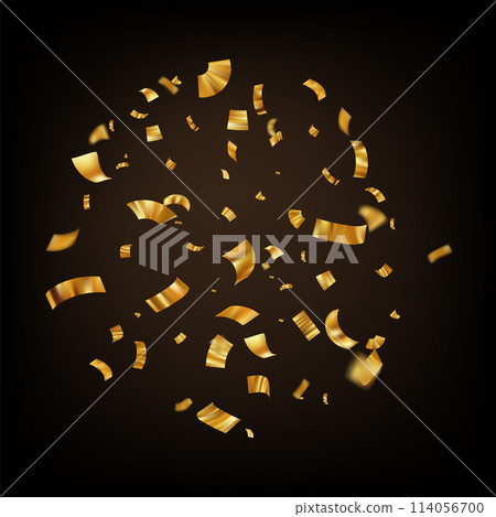 Golden confetti. Explosion of gold ribbon particles. Festive falling glitter. 114056700