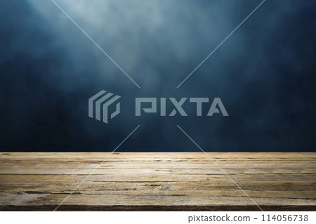 Rustic Wooden Table Surface with Misty Dark Blue Background. Rustic Wooden Table Surface with Misty Dark Blue Background. 114056738