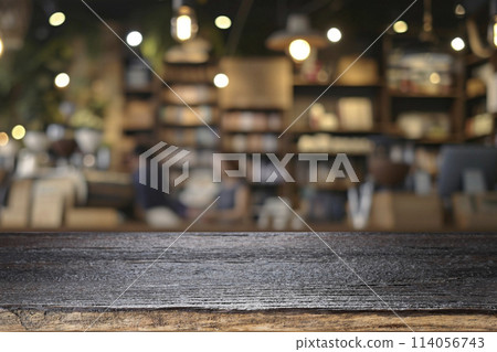 Empty wooden table for present product on coffee shop blur background. 114056743