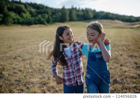 Young girl best friends spending time in nature, during sunset. Girls on walk, embracing. 114056826