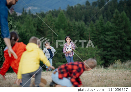 Young students playing with teacher outdoors, in nature, during field teaching class, having fun. Dedicated teachers during outdoor active education. 114056857