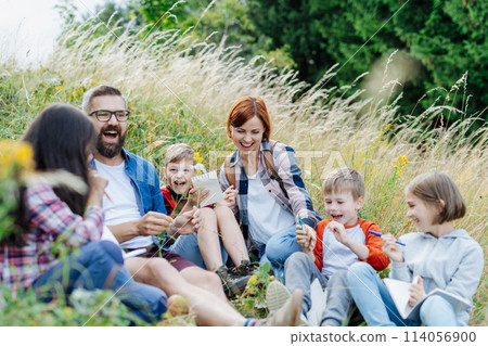 Young students learning about nature, forest ecosystem during biology field teaching class, observing wild plants. Dedicated teachers during outdoor active education. Young students learning about nature, forest ecosystem during biology field teaching class, observing wild plants. Dedicated teachers during outdoor active education. 114056900
