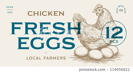 Chicken, hen with nest, eggs tag label. Template chicken, hen eggs tag label. Vintage chicken print, sketch ink pencil drawing, tag, label. Chicken eggs, design, text, typography. Vector Illustration 114056922