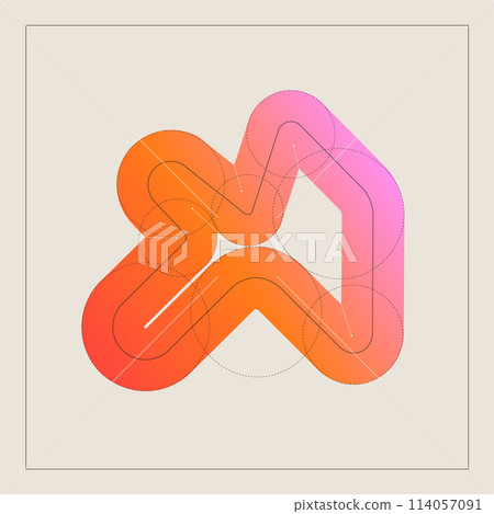 Vector illustration. Vibrant abstract shape in orange and pink tones with translucent, layered effect and dotted guiding lines. 114057091