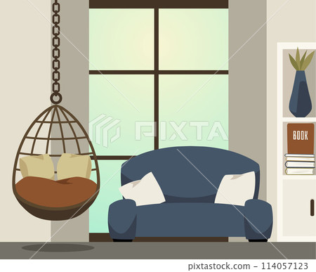 Hanging chair on chain with pillows in cozy interior design, vector comfy furniture chair swing in living room with sofa Hanging chair on chain with pillows in cozy interior design, vector comfy furniture chair swing in living room with sofa 114057123