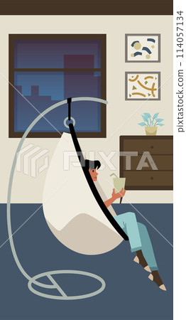 A woman enjoys a cocktail on a hanging swing. Vector illustration. 114057134