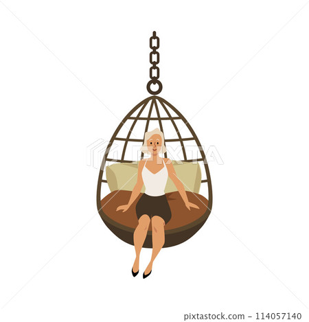 Young woman sitting in chair hanging on chain, vector cozy furniture comfort chair swing, rattan wicker cocoon pillows Young woman sitting in chair hanging on chain, vector cozy furniture comfort chair swing, rattan wicker cocoon pillows 114057140