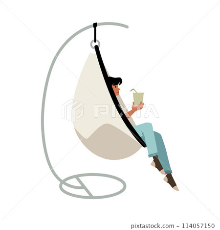 Vector icon with a hanging chair in the shape of an egg, in which a girl is resting 114057150