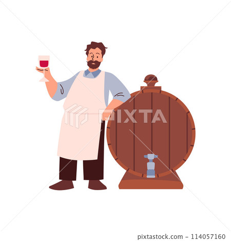 Wine maker standing wearing apron holding a glass of red wine near the wooden barrel vector flat illustration, sommelier Wine maker standing wearing apron holding a glass of red wine near the wooden barrel vector flat illustration, sommelier 114057160