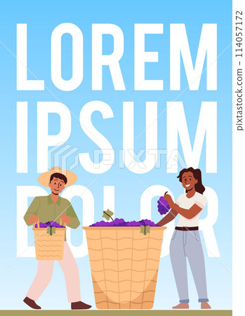 Vector poster with an empty space for text with a scene of grape harvest on a blue background 114057172
