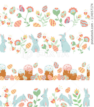 Hand drawn flat easter seamless border set collection with rabbits and easter eggs Hand drawn flat easter seamless border set collection with rabbits and easter eggs 114057174