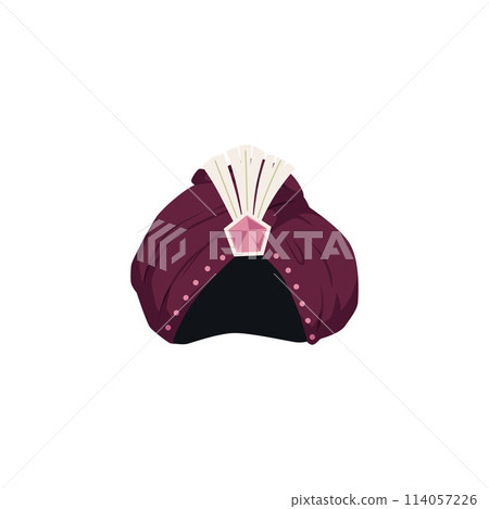 Arabic turban Indian traditional hat, vector oriental culture headdress with gem and feather, burgundy velvet head scarf 114057226