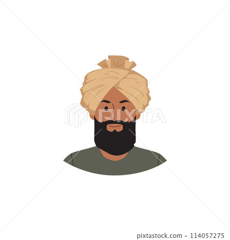 Vector icon with a man with a beard and mustache in a traditional turban on a white background. Vector icon with a man with a beard and mustache in a traditional turban on a white background. 114057275