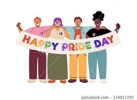 Celebrating Pride Day. People with poster on isolated background. 114057293