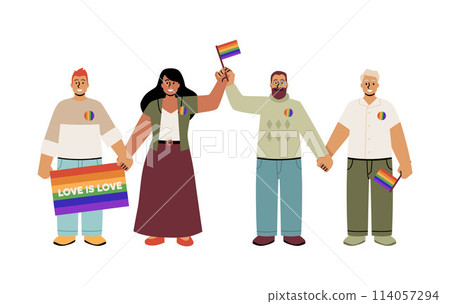 Vector illustration with a group of people united by a chain of love holding a rainbow flag 114057294