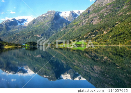 View of Geiranger fjord from the boat, Western fjords, Norway. Hardanger fjord landscape. Scandinavian mountains of Sunnylvsfjorden canyon 114057655