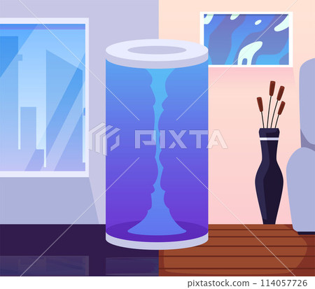 Illustration showcases a portal with rays leading to another dimension, amidst contemporary home decor. Illustration showcases a portal with rays leading to another dimension, amidst contemporary home decor. 114057726