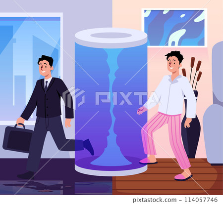 Happy man teleportation from home to office flat style Happy man teleportation from home to office flat style 114057746