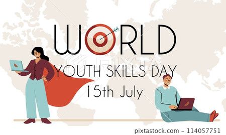 Vector poster of the World Youth Professional Development Day with talented students on laptops. 114057751