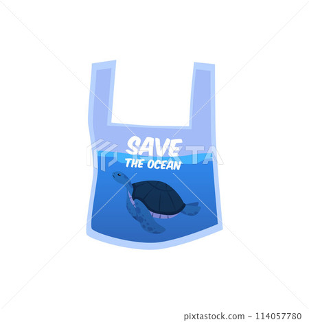 Illustration of a turtle on a plastic bag. Vector isolated illustration. Illustration of a turtle on a plastic bag. Vector isolated illustration. 114057780