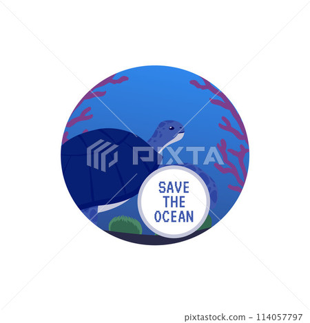 Round shape with turtle and save the ocean text flat style, vector illustration 114057797