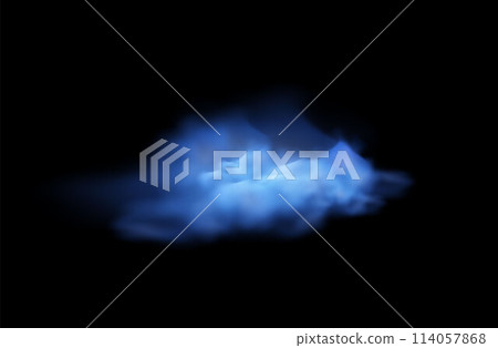 Magic smoke or blue fog cloud, vector special realistic effect mist or smog on black background, powder or steam spray 114057868
