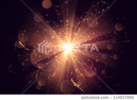 Magic burst, orange glow sparkling vector effect, bright star dust sparks in explosion, illuminated light flash on black 114057898