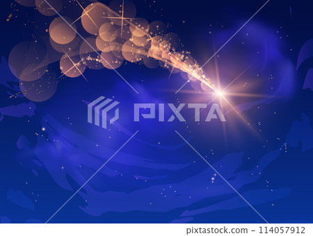 Falling star, comet or asteroid with orange sparkling flame trail in the dark sky vector illustration, fireball flash Falling star, comet or asteroid with orange sparkling flame trail in the dark sky vector illustration, fireball flash 114057912